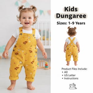May include: A child in yellow dungarees with a repeating pattern of brown illustrations, paired with a white t-shirt. The dungarees have rolled-up cuffs. Text reads "Kids Dungaree" and "Sizes: 1-9 Years".
