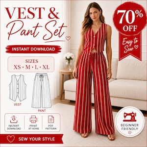 May include: Red and white striped vest and pant set. The image includes a woman wearing the outfit, along with illustrations of the vest and pants. Text on the image includes "VEST & Pant Set", "INSTANT DOWNLOAD", and "SIZES XS M L XL". A red circle indicates "70% OFF".