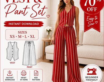 Patrón de costura en PDF para conjunto de chaleco y pantalón, patrón de conjunto coordinado para mujer, patrón de pantalón de pierna ancha, patrón de chaleco, descarga instantánea XS-XL