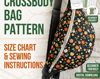 Patrón de bolso cruzado, patrón de costura de riñonera en PDF, patrón de bolso bandolera con videotutorial, riñonera para principiantes, patrón de bolso de cinturón