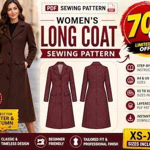 Naaipatroon voor een lange damesjas (pdf) | Klassiek winterjaspatroon XS-XL | Getailleerde jas | A4, US Letter | Direct downloaden
