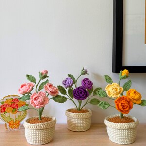 May include: Three crochet flower arrangements in cream pots. The flowers are pink, purple, yellow, and orange with green leaves. A decorative card with a bouquet illustration is on the left.