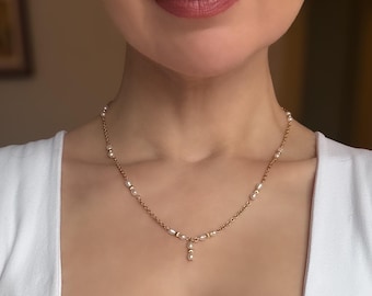 Baroque Pearl & Gold-Filled Chain Lariat Necklace • Rice Pearl Station Jewelry