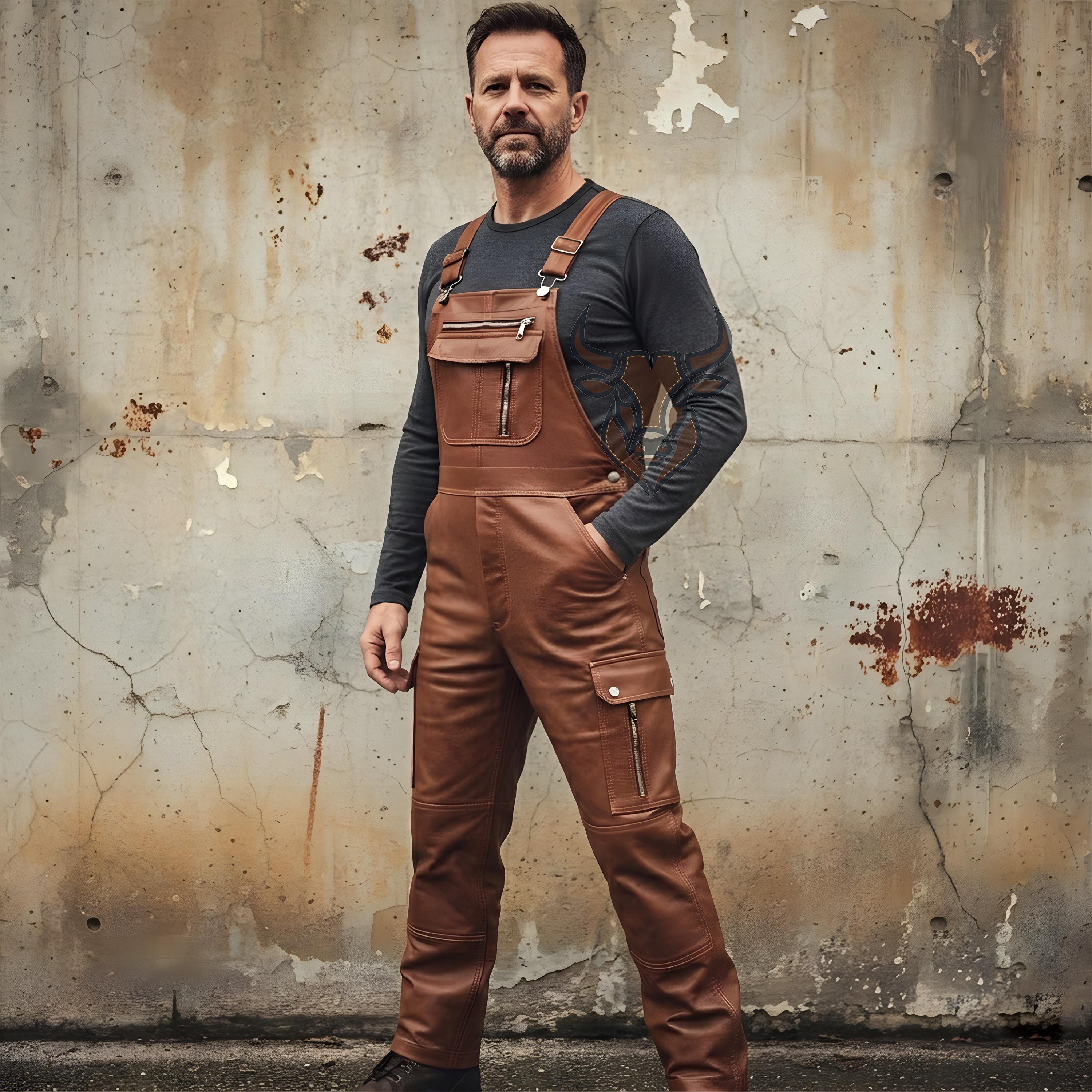 Handmade Cow Leather Cargo Overalls: Streetwear Bib Overalls - Cosplay Costume - Leather Wear - Gift for Him - Club Wear - Work