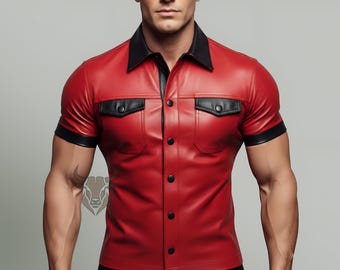 メンズ本革シープスキンシャツ：カスタムスリムフィットユニフォーム - バイカーシャツ - 男性へのギフト - カスタムTシャツ - メンズTシャツ - クソシャツ