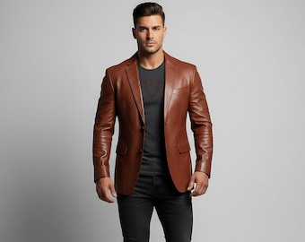 Handmade Brown Sheepskin Leather Blazer - Slim Fit Custom Suit Jacket - Leather Coats - Gift for Him - Mens Jacket - Personalized Gift