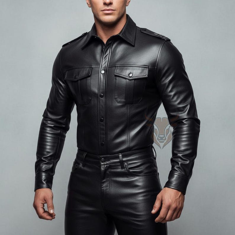May include: A black long-sleeved button-down shirt made of a smooth material with a sheen. The shirt features a classic collar, two chest pockets with buttoned flaps, and shoulder epaulets. It is paired with matching black pants of the same material.
