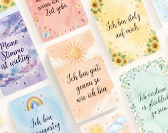 30 carte di affermazione per bambini in tedesco (PDF), fiducia in se stessi e coraggio, carte motivazionali per bambini dai 6 ai 12 anni, stampabili con acquerello