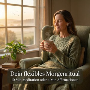 Könnte beinhalten: Eine Frau in einem grünen Pullover sitzt in einem Sessel am Fenster und hält eine Kaffeetasse. Der Text "Dein flexibles Morgenritual" und "10 Min Meditation oder 4 Min Affirmationen" ist unten im Bild zu sehen. Links ist eine Topfpflanze.