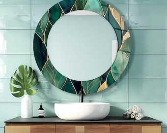 Green Abstract Tempered Glass Round Mirror Wall Decor: Modern Bathroom Vanity Mirror