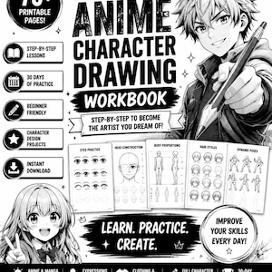 30-dagars karaktärsteckningsutmaningsarbetsbok, övning i skissning av anime och manga, lär dig att rita ansikten och poser i PDF-paket