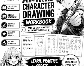 30日間キャラクター描画チャレンジワークブック、アニメ＆マンガスケッチ練習、顔のポーズの描き方を学ぶPDFバンドル