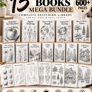 Op de afbeelding: Een digitaal pakket van 13 spiraalgebonden tekenboeken met meer dan 600 pagina's aan schetstutorials. De collectie bevat gidsen over figuurtekenen, mensen, karakters, bomen, bloemen, natuur, stedelijke scènes en architectuur met stapsgewijze instructies.
