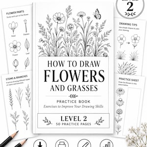 Könnte beinhalten: Ein Übungsbuch mit dem Titel How to Draw Flowers and Grasses mit 50 Übungsseiten. Das Cover zeigt schwarz-weiße Strichzeichnungen von Wildblumen, einem Schmetterling und einem Marienkäfer. Die Seiten zeigen Pflanzenteile und Zeichentipps.