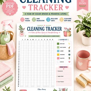 Könnte beinhalten: Ein druckbarer Reinigungs-Tracker mit einem Raster für zwölf Monate und einunddreißig Tage. Die Seite enthält eine farbcodierte Legende, einen Bereich für Notizen sowie dekorative Illustrationen von Putzmitteln und Topfpflanzen.