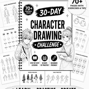 Op de afbeelding: Een spiraalgebonden oefenboek getiteld 30-Day Character Drawing Challenge, met zwart-witillustraties van twee anime-stijl personages. De omslag bevat tekst over 70+ printbare pagina's, stapsgewijze lessen en dagelijkse oefeningen.