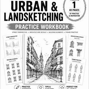 以下が含まれることがあります： 40ページの練習帳「Urban & Landsketching Volume 1」。表紙には、建物と中央の塔が描かれた白黒の線画が掲載されています。街並みのパース、建築のディテール、建物の要素、人物の練習のセクションが含まれており、練習問題、ヒント、ガイダンスのアイコンが表示されています。