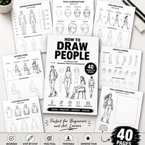 Könnte beinhalten: Ein How to Draw People Schritt-für-Schritt-Zeichenübungsbuch mit 40 Übungsseiten, umgeben von Anleitungsblättern zu menschlichen Proportionen, Gesichtskonstruktion, Geh- und Sitzposen, Armen, Händen sowie Kleiderfalten.
