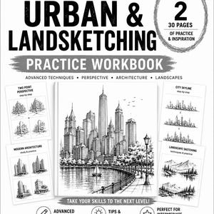 Op de afbeelding: Een oefenboek getiteld New Practice Book Urban & Landsketching Volume 2 met 30 pagina's. De omslag bevat een zwart-witillustratie van een stadsskyline aan het water, met kleinere instructiepanelen die perspectief en landschapstekenen tonen.