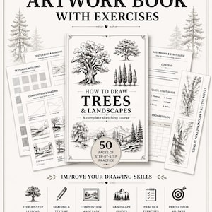 Könnte beinhalten: Ein Lehrbuch mit dem Titel How to Draw Trees & Landscapes mit 50 Seiten für schrittweise Übungen. Das Cover zeigt schwarz-weiße Illustrationen von Bäumen und Bergen, umgeben von zusätzlichen Übungsblättern und verschiedenen Symbolen.