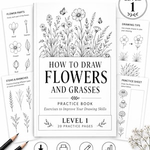 Arbetsbok för hur man ritar blommor och gräs i PDF-format | Utskrivbar botanisk skissövning, övningar i blomteckning för nybörjare