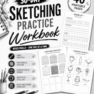 Peut inclure: Un cahier d'exercices de dessin de 30 jours avec 40 pages imprimables. La couverture présente le titre, une liste d'exercices incluant lignes, hachures, textures, perspective, formes, objets et natures mortes, avec deux feuilles d'exemple.