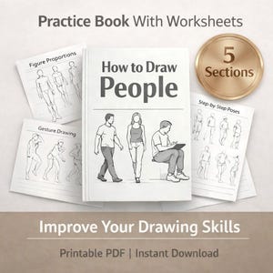 Può includere: Un libro bianco intitolato "How to Draw People" con illustrazioni di figure e il testo "Practice Book With Worksheets". Il libro è circondato da fogli di lavoro con disegni di figure e il testo "Improve Your Drawing Skills. Printable PDF | Instant Download."