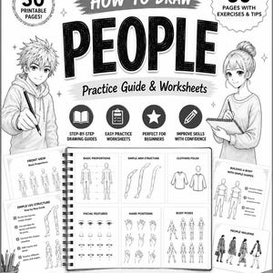 以下が含まれることがあります： 「How to Draw People」と題された50ページの印刷可能なモノクロの描画ガイド。表紙にはアニメスタイルのキャラクター、描画ガイドやワークシートのアイコン、解剖学、ポーズ、顔の特徴を示すサンプルページが描かれています。