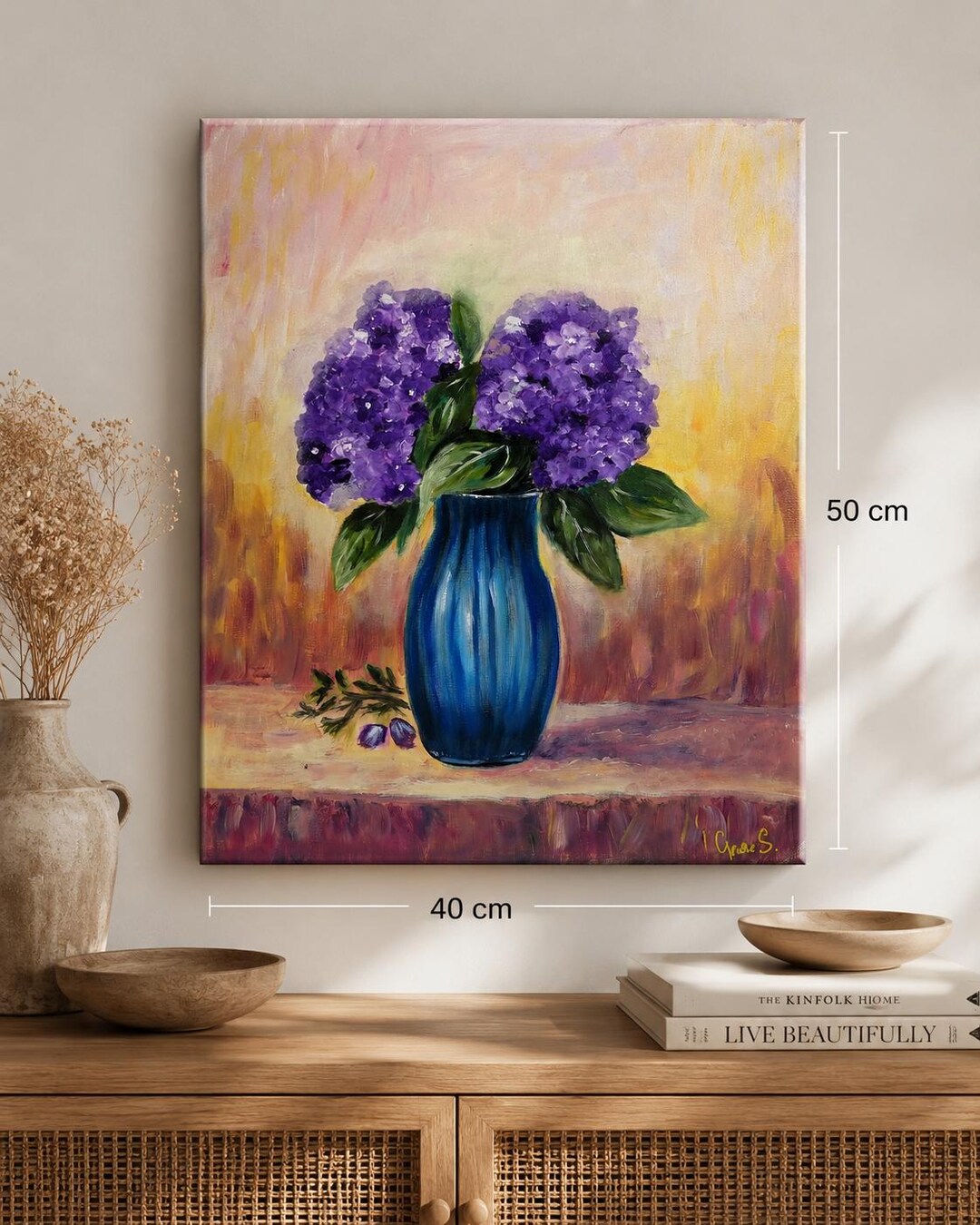 Original Hydrangea Oil Painting, Purple Flower Wall Art, Blue Vase ...