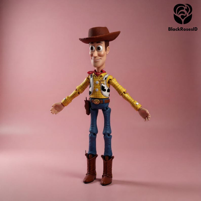Pu&ograve; includere: Action figure di Woody, con cappello da cowboy marrone, camicia gialla con gilet con stampa di mucca, jeans blu e stivali marroni. La figura ha un fazzoletto rosso e una fondina. Lo sfondo &egrave; rosa.