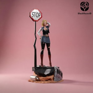 May include: A detailed figurine of a female character with blonde hair, wearing a black top, denim skirt, and ripped leggings, standing next to a stop sign. The sign has a red and white octagon shape with the word "STOP". The base has a number "980" on it.