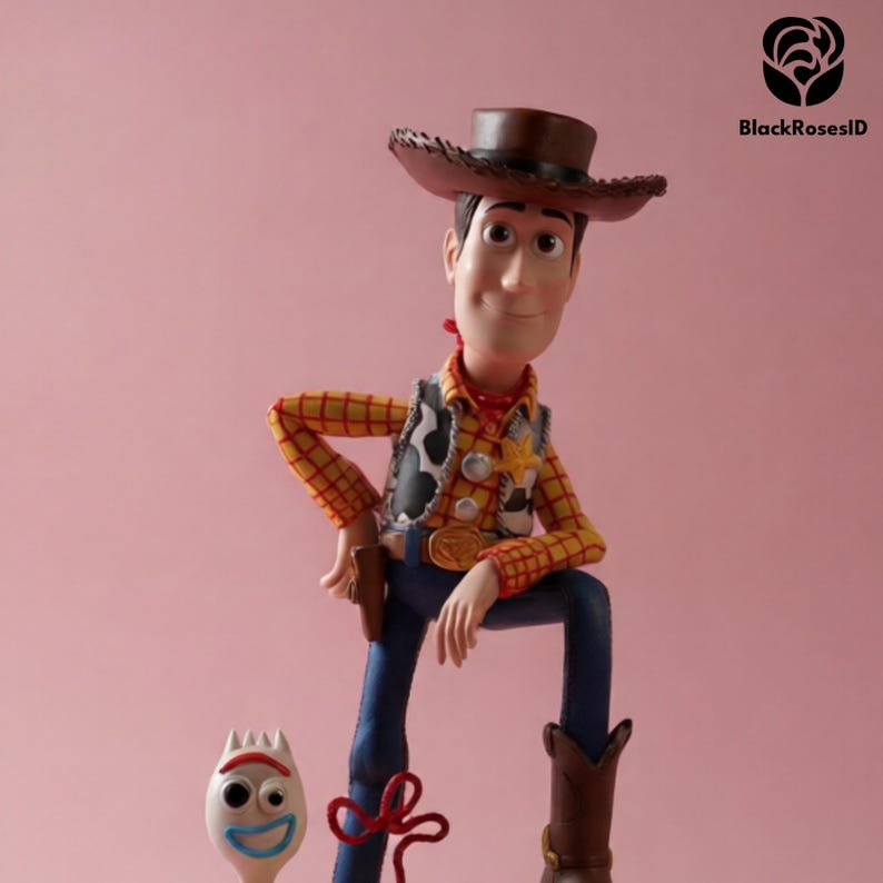K&ouml;nnte beinhalten: Woody-Actionfigur mit braunem Cowboyhut, gelbem kariertem Hemd, blauer Jeans und braunen Stiefeln. Die Figur hat ein Sheriff-Abzeichen und ein Holster. Eine wei&szlig;e Forky-Figur befindet sich im Vordergrund.