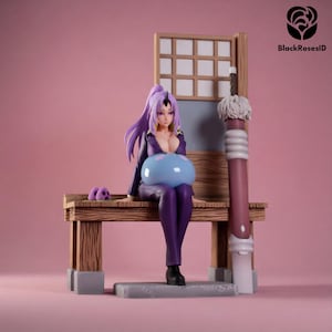 May include: A detailed figurine of a female anime character with long purple hair and a purple outfit, seated on a wooden bench. She holds a large blue orb. A decorative sword and a small purple creature are also present. The background is a soft pink.