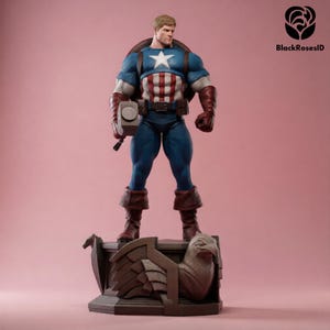 May include: A Captain America action figure stands on a detailed base, holding a hammer. The figure is in a classic blue, white, and red costume with a star on the chest. The base features an eagle design, all set against a pink backdrop.
