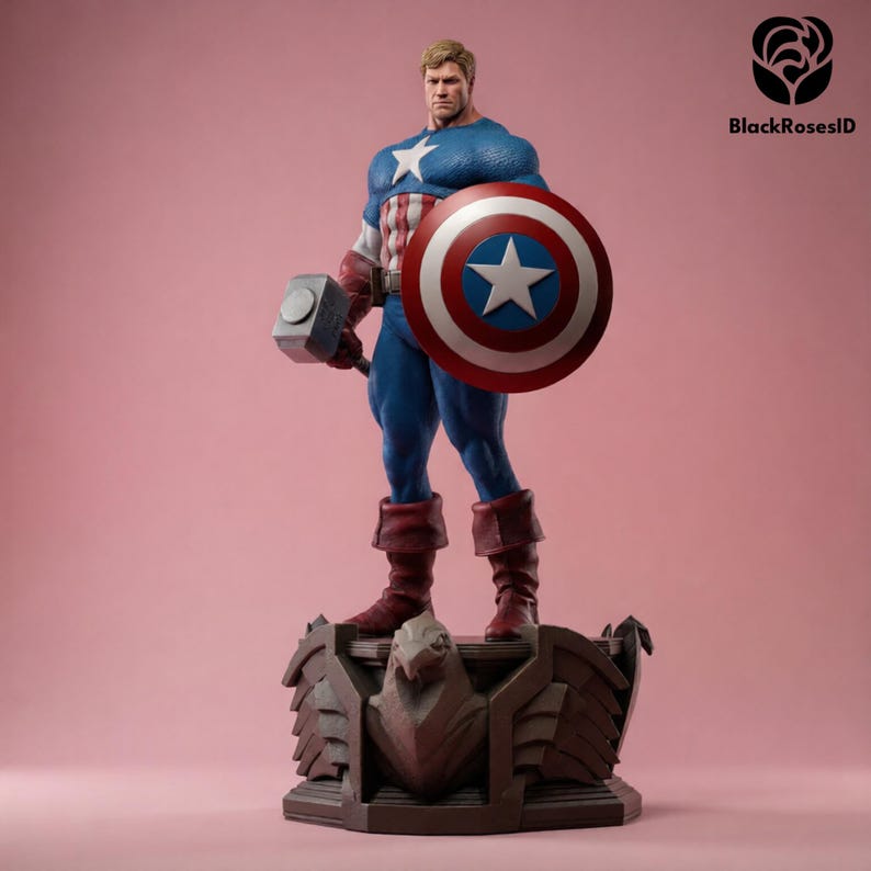 May include: A detailed figurine of Captain America, clad in a blue and white costume, holding his iconic shield and a hammer. The figure stands on a detailed base with an eagle design, set against a pink backdrop. The shield features a white star on a red and white circular design.