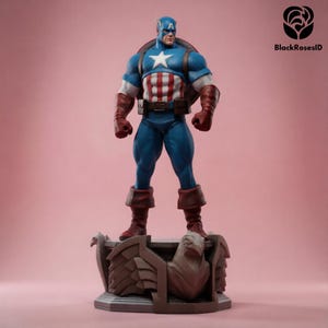 May include: A Captain America action figure stands on a detailed base. The figure is in a classic pose, wearing a blue and red costume with a white star on the chest. The figure has a shield on its back and is set against a pink background.