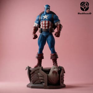 May include: A Captain America figurine stands on a detailed base with an eagle design. The figure is in a classic pose, wearing a blue and red costume with a white star on the chest. The figurine has a shield on its back and is set against a pink background.