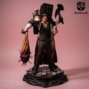 May include: A detailed collectible figurine featuring a man in a vest and trousers standing in front of a large, box-headed figure. The man holds a small lantern and a handgun, while the larger figure carries a spiked weapon and a bloodied sack.