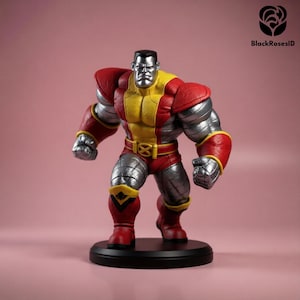 May include: A figurine of a muscular character in a red, yellow, and silver costume, standing on a black base. The character has a stern expression and is posed in a powerful stance. The background is a solid pink color.