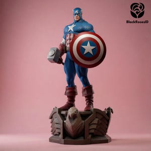 May include: A detailed Captain America statue, featuring a blue and white costume, holding a shield and a hammer. The statue stands on a base with an eagle design. The background is a solid pink color. The text "BlackRosesID" is in the upper right corner.