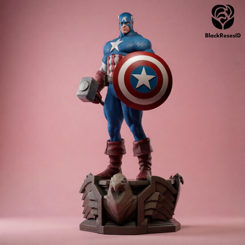 May include: A detailed Captain America statue, featuring a blue and white costume, holding a shield and a hammer. The statue stands on a base with an eagle design. The background is a solid pink color. The text "BlackRosesID" is in the upper right corner.
