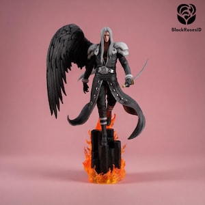 May include: A detailed figurine of a long-haired character with a single large black wing, wearing a black coat with silver shoulder armor and a belt. The character holds a long sword and stands atop a black pillar surrounded by orange flames.