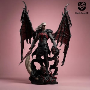 May include: A detailed figurine of a character with long white hair, black and red armor, and large, dark red wings. The figure holds a sword and a skull, standing on a base with tentacles. The background is a solid pink.