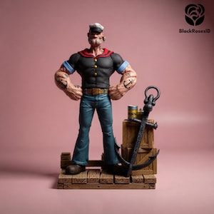 May include: A figurine of Popeye the Sailor Man, standing with arms akimbo. He wears a black shirt, blue jeans, and a white sailor hat. Anchor tattoos adorn his forearms. An anchor and a can of spinach are next to him on a wooden dock.