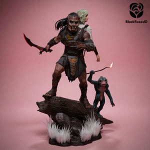 May include: A detailed collectible statue featuring a brown-skinned warrior with dreadlocks holding a glowing red blade, standing on a log base with a small blue creature holding a torch and a blonde figure standing behind the warrior, all on a base.