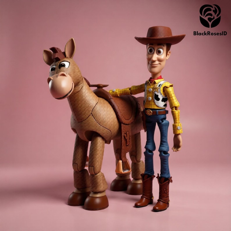 Pu&ograve; includere: Una dettagliata action figure di Woody, un personaggio cowboy, &egrave; in piedi accanto a un cavallo giocattolo marrone. Woody indossa una camicia gialla, jeans blu e un cappello e stivali da cowboy marroni. Il cavallo ha una sella ed &egrave; marrone.