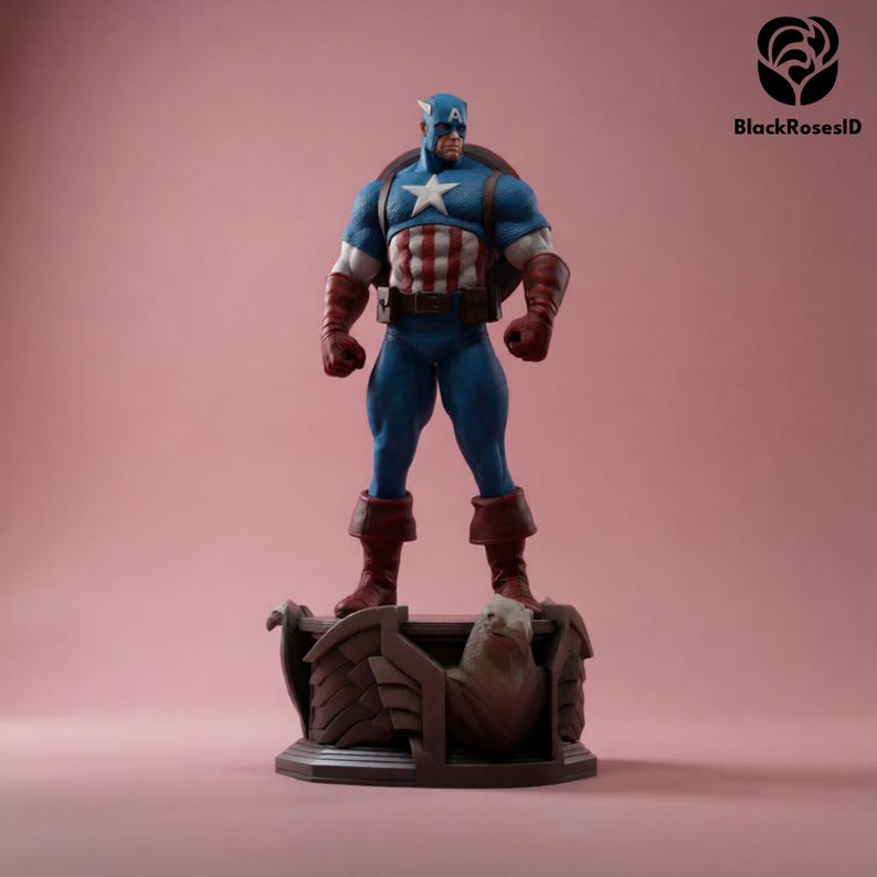 May include: A Captain America figurine stands on a detailed base with an eagle design. The figure is in a classic pose, wearing a blue and white uniform with a star emblem, red gloves, and boots. The background is a solid pink.