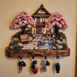 Könnte beinhalten: Ein dekorativer Schlüsselhalter mit einem Miniaturhaus im japanischen Stil, einem Wasserfall, einem Teich und Kirschblütenbäumen. Die Holzbasis hat vier Haken, an denen Schlüssel hängen. Die Szene ist detailliert mit einem Steinweg, Bänken und viel Grün.