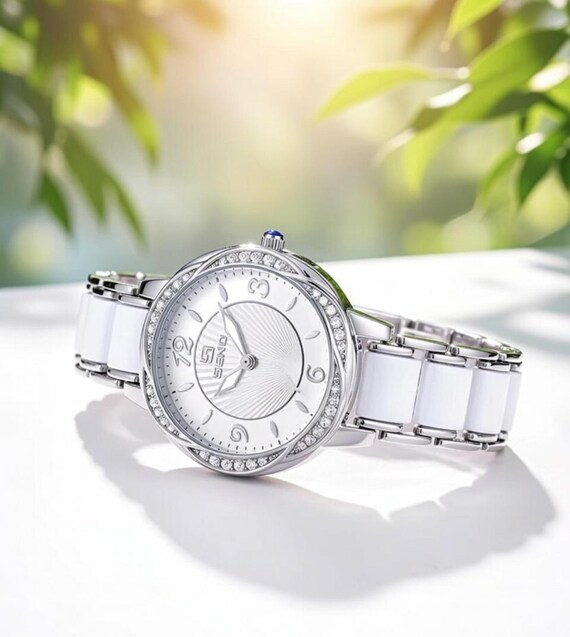 Sleek Lustrous Strap Watch for Women | White & Silver Round Dial, Sparkle Design