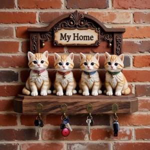May include: A wooden key holder with four tabby cat figurines, each wearing a different colored collar. The key holder has a shelf and hooks for keys, and a sign that reads "My Home". The background is a brick wall.